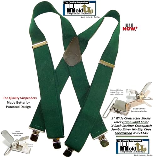 Hold-Up Suspender Co. Holdup Contractor Series Greenwood XS 2" wide X-back Work Suspenders for Men with USA Patented No-slip Clips - Thumbnail 7