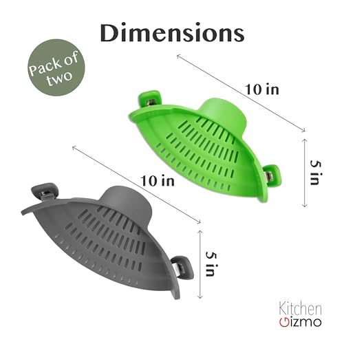 2 Pack Kitchen Gizmo Snap-On Strainer - Silicone Clip-On Strainer for Pots and Pans - Collapsible Design - Heat Resistant Colander for Vegetables and Noodles - Ideal for Rice, Grains - Green/Grey