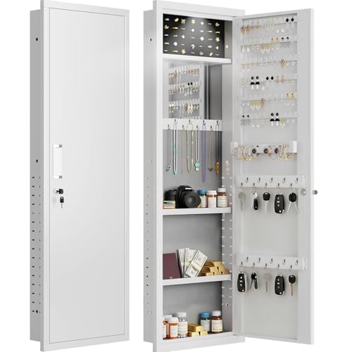 Wall Safe Cabinet, 47' Tall Wall Mounted Jewelry Mirror Cabinet, Lockable Large Jewelry Hidden Safe for Valuables, Necklaces,Earrings & Adjustable Shelves