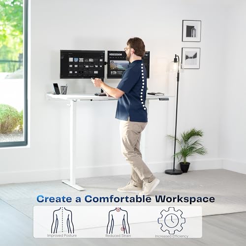 Image of VIVO White 60 x 30 in Standing Desk, DESK-KIT-1W6-P3W | Electric, Holds 220 lbs, Sit Stand, Height Adjustable, Cable Tray, Full-Size Mouse Pad, Office Furniture, White Frame