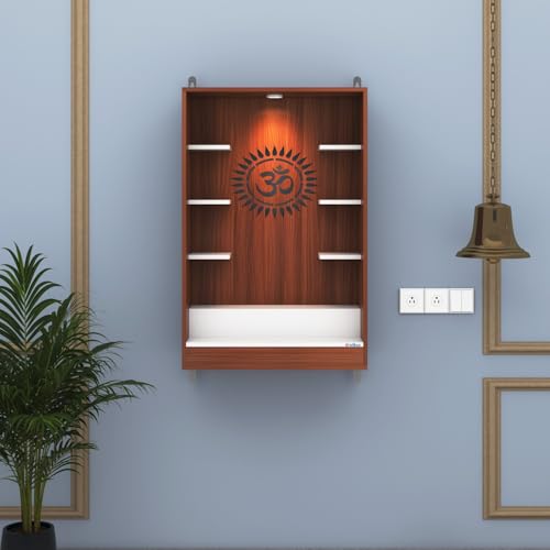 Image of Anikaa Niketana Wooden Wall Mount Mandir for Home | Pooja Temple with LED Light, Om Back Panel & 6 Shelves | Hindu Wooden Temple for Home & Office Decoration | Walnut /White (DIY), Size(32x20x8 Inches)