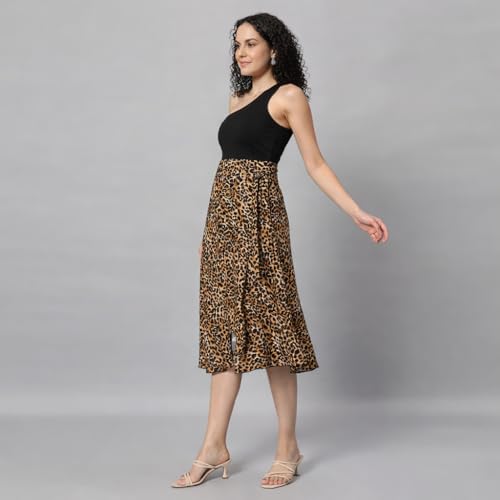 Image of Women's Floral & Animal Print Wrap Skirt - Midi Length A-Line Summer Skirt with Side Tie-Up, Tropical Cheetah Tiger Casual Beach Wear