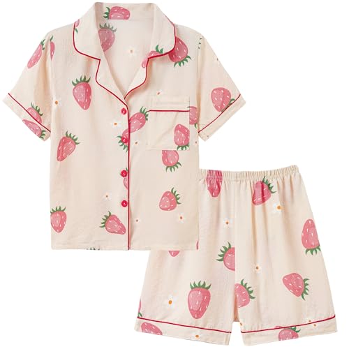 Girls Pajamas Short Sleeve with Shorts Button Down Loose Fit Summer Sleepwear Soft Wrinkle Muslin Nighty 2pcs