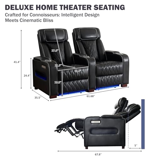 Image of GUEAPY Power Reclining Loveseat Home Theater Seating with Adjustable Headrest, Breathable Leather Electric Recliner with LED Lighting, Backrest & Footrest, Cup Holders, USB Charging & Tray Table