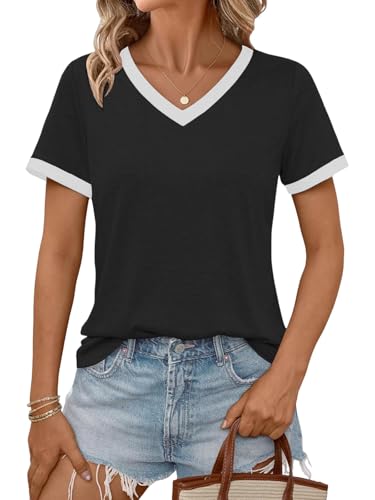 Cuptacc Tshirt Damen Oberteile Damen Sommer Fashion V-Ausschnitt Elegant Kurzarm Basic Shirt Schwarz Tops Sommer Schwarz XL 46-48