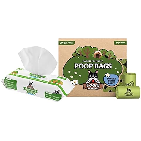 Pogi's Special Edition Poop n' Wipe Pack - 30 Powder Fresh Scented Rolls (450 Bags) and 1 resealable Pack of 100 Dog Grooming Fresh Wipes. Cover