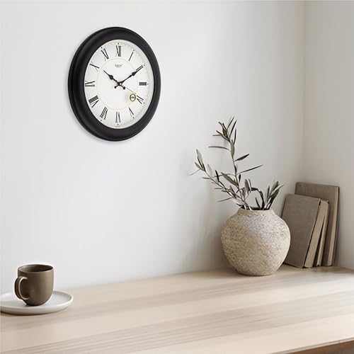 Image of Rikon RK-48 PL Roman Black Classic Round Analog Wall Clock - 43.18 x 43.18 cm Premium Plastic Design for Home, Office, Living Room Decor