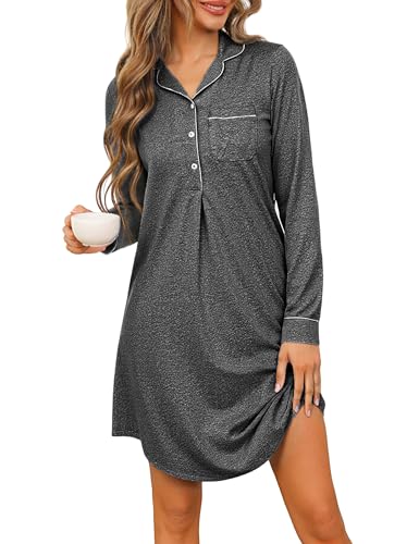 Jahetuul Chemise de Nuit Femme Coton Manches Longues Col V avec Poche Classique Pyjama Confortable avec Boutons Ouvert Devant Robe de Nuit