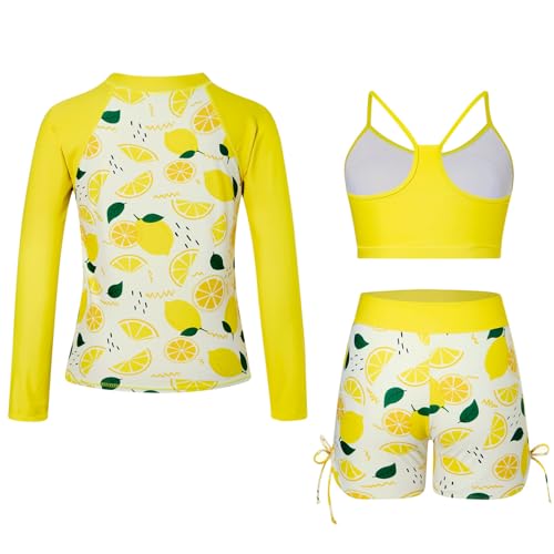Image of Funnycokid Girls Swimsuit 3 Pieces Zip Rash Guard Bathing Suits Set Kids Bikini Boyshort Summer Swimwear 3-14 Years