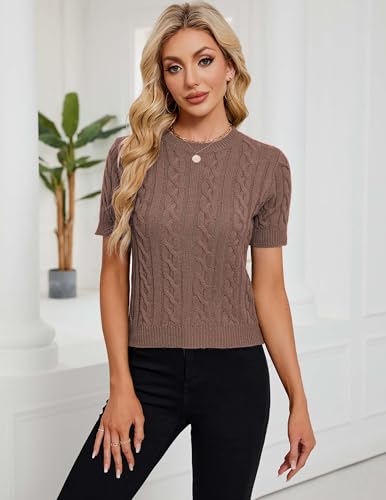 Image of Libsorge Womens Cropped Short Sleeve Sweater Fall 2025 Crewneck Sheer Knit Tops - Lightweight, Thin, Crop, Slim Fit
