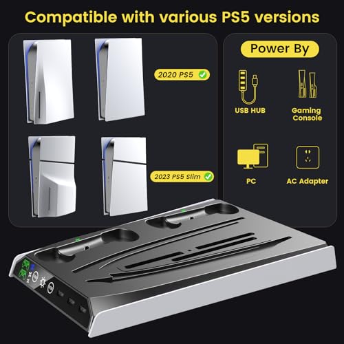 Image of Fenolical PS5 /PS5 Slim /Pro Stand with Adjustable Cooling Fan, Vertical PS5 Cooling Stand for PS5 /PS5 Slim /Pro, Multifunctional PS5 Cooling Station with Dual Controller Chargers and RGB Light