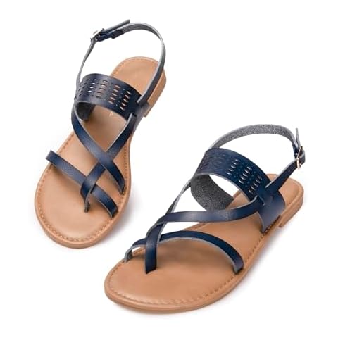 Luffymomo Womens Strappy Flat Sandals Leathe Gladiator Sandals Summer Casual Fisherman Thong(10 M US Navy) Cover