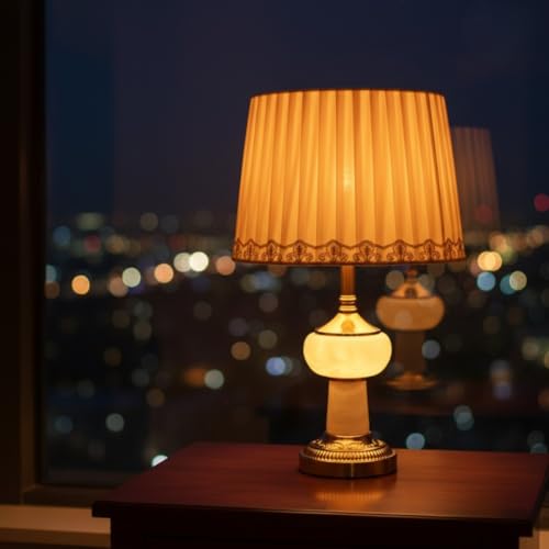 Image of ELARE Marble & Metal Base Table Lamp with Pleated Fabric Shade for Bedroom & Living Room | Modern Decorative Bedside Night Lamp for Home Decor, Study Table & Office | Premium Designer Table Light