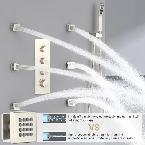16” Thermostatic Rain Shower System with 6 Body Jets & 16-Inch Rainfall Shower Head, JetsBath Full Body Shower Faucet Sets with Valve & Handheld, Brushed Nickel Luxury Wall Mount Shower Faucet Set - Thumbnail 6