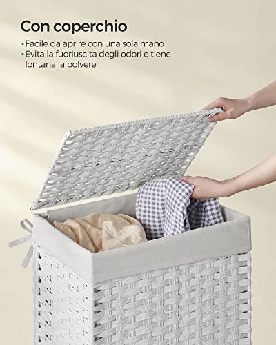 SONGMICS Cestino Portaoggetti, Cesta Portabiancheria da 90L con Coperchio, Pieghevole, Sacco in Tessuto Rimovibile con Manici, Soggiorno Camera da letto Lavanderia, Bianco Neve LCB51WT - Immagine 2