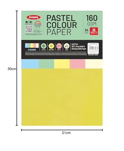 Image of Anupam 25 Sheets Colored Pastel Craft Paper A4 Size 160 GSM 5 Assorted Color Paper Multi Color Card Stock Paper for Crafts, Card Making, Scrapbooking, DIY, School Supplies, Printing and Stationery