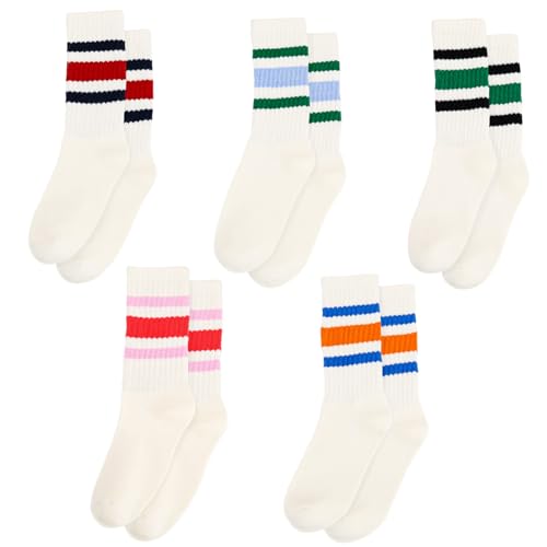 scenicamp 5 Pairs Striped Crew Socks for Women Classic Retro Striped Socks Casual Cotton Sock Athletic Crew Sock for Women Girls School Casual Sport Running Outdoor Size 5-9