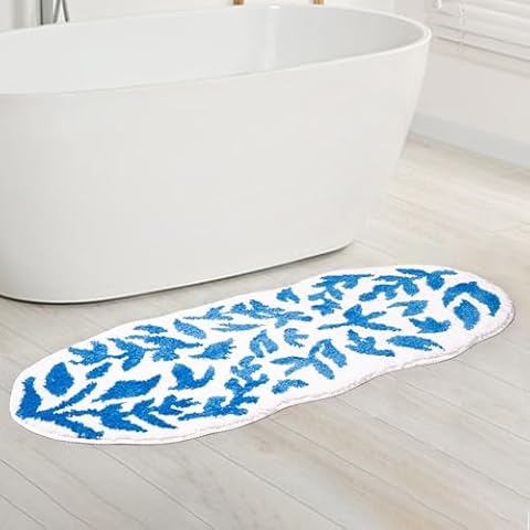 NALATI Bath Mat Rug 42x17, Extra Absorbent Non Slip Bath Mats, Machine Washable, Long Bathroom Rug, Bath Rugs for Bathroom Floor, Tub and Shower (Blue Leaf) Cover