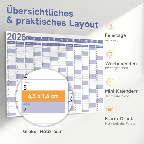 Wandkalender 2026 – Din A1 (84,1 x 59,4 cm) – Groß Jahresplaner laminiert mit 8 Aufklebern, Faltverpackung, Wandplaner für Büro, Schule & Zuhause, Blau