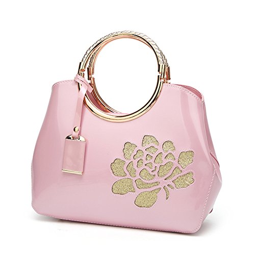 Bolsa feminina, bolsa de couro envernizado, elegante bolsa com alça superior bordada de flores, rosa, 1