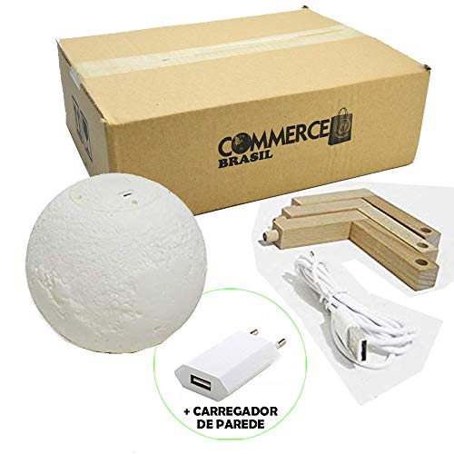 Luminária Abajur LED Lua Cheia 3D USB RGB Suporte de Madeira + Fonte CBRN14644 - Commerce Brasil