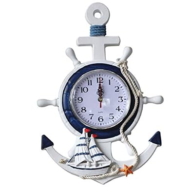 Foto di Wakauto, orologio da parete in legno marittimo, con ancora e stella, stile vintage, stile rustico, marino nautico, decorazione da parete con timone, camera da letto, decorazione da parete