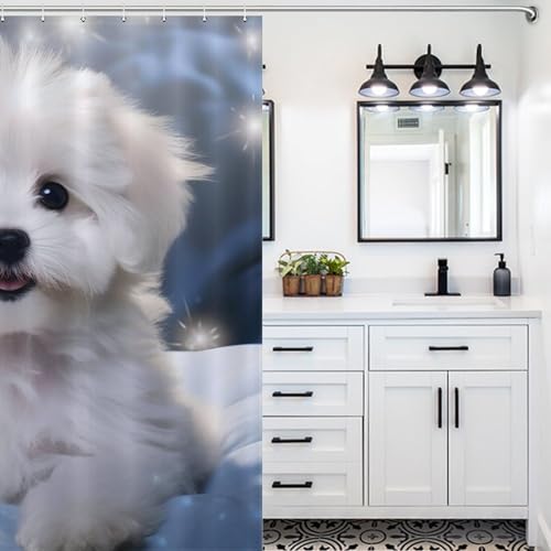 Rideau de douche Bichon frisé 183x183cm en tissu polyester lavable