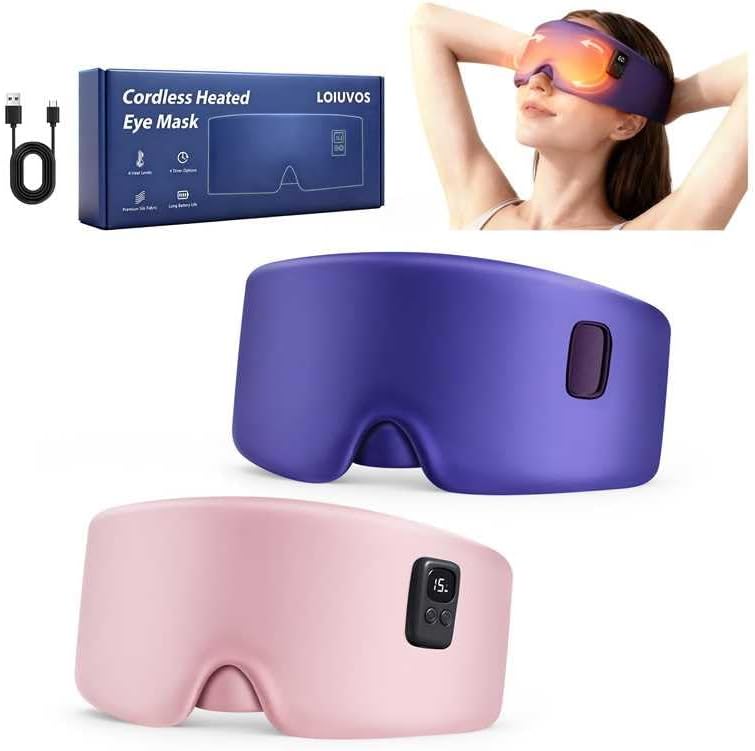Heated Eye Mask for Dry Eyes, Cordless Warm Eye Compress 120-Min Battery, Eye Strain Relief, Washable Silk Travel Eye Mask with Extra Cover for Better Sleep (Pink & Purple)