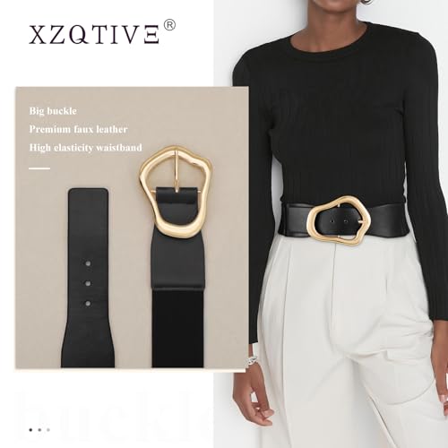 XZQTIVE Women Wide Elastic Waist Belt for Dresses Fashion Big Gold Buckle Stretchy Leather Waistband for Ladies2