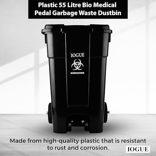 Image of 60 Liter Heavy Duty Wheel Pedal Dustbin, Biohazard Design, Black, Plastic, Cylindrical, Glossy Finish,(BLACK)