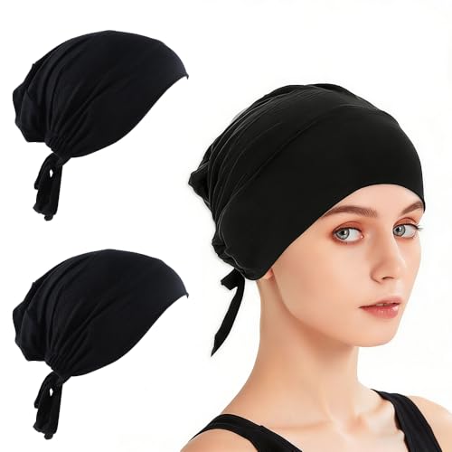 Libpttl 2 Pcs Black Hijab Undercap Tie Back Bonnet for Women Soft Jersey Inner Cap Adjustable Muslim Headwear Breathable Stretch Skull Caps