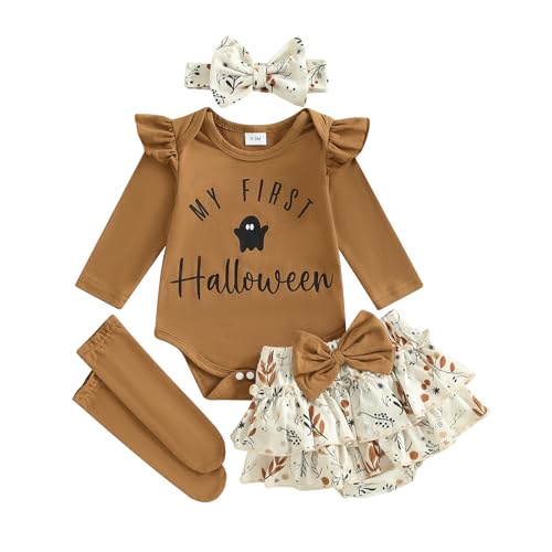 Image of Summffie My First Halloween Baby Girl Outfit Newborn Pumpkin Long Sleeve Romper Tutu Skirt Shorts Set Halloween Baby Clothes