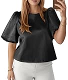 Tankaneo Womens Satin Silk Blouses Puff Short Sleeve Dressy Casual Tops Loose Fit Crew Neck Cropped Shirts Black