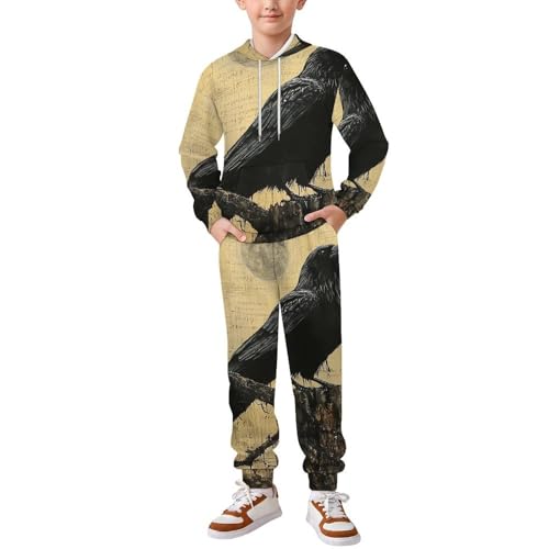 Boys Girls Sweatshirt Set Kid 2 Piece Pullover Hoodie Jogger Sweatpants, Crow Raven Vintage