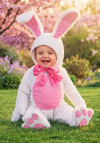 Infant White Bunny Costume for Babies | Soft Easter Rabbit Outfit with Hood, Ears, and Pink Bow