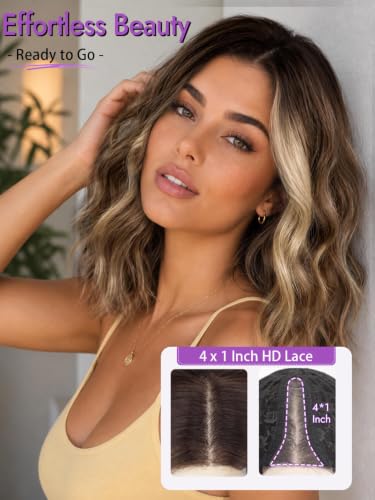Image of Eawwii Ombre Light Brown With Blonde Short Wavy Wig for Women Lace Hairline Bob Style Synthetic Heat Resistant - Natural Appearance for Everyday Hairstyle 14 Inch