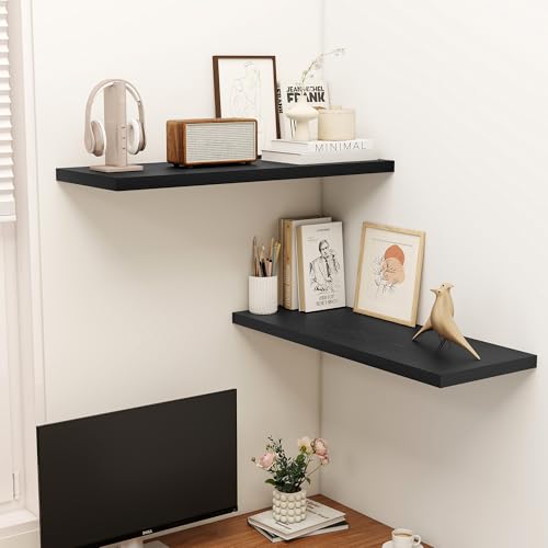 Image of Dreamland 36 inch Floating Shelves for Wall, 12 inch Deep Slim Black Floating Shelves, Wall-Mounted Shelves for Bedroom, Living Room, Kitchen, Bathroom - Set of 2