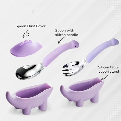 Image of Baby Spoon and Fork Set, Purple Silicone Toddler Cutlery Set with Dinosaur Case, 2 Pc, Self Feeding Utensils for Baby Meals School and Travel, Mealtime Essential