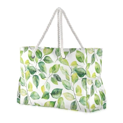 Green Leaves Watercolor Sturdy Large Tote Bag with side pocketes Bag, Shoulder Weekender with cup holders on the side