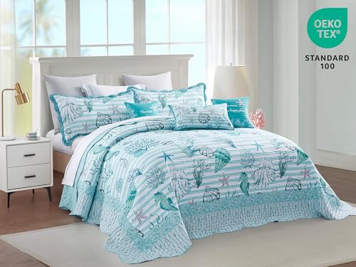 Image of HZ & HY Coastal Oversized King Bedspread, Reversible Beach Pattern Quilt Set King /Cal King, Lightweight Coverlet, Scalloped Edge - Seashell Coastal Look, 6 Piece, Shell