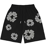 Short Homme d'Été pour Hommes Noirs, Coton Léger Imprimé Fleuri avec Poches, Style Y2K Hip Hop Streetwear pour Plage et Sport Loisir