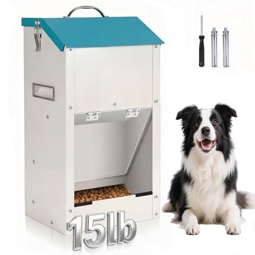Automatic Dog Feeder Large Breed Outdoor & Indoor Galvanized Dog Food Dispenser 15lbs Wall Mountable Gravity Pet Food Station Auto Feeder Self Feeding with Clear Door for Puppy, Dog, Cat