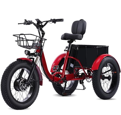 Broobey Elektrisches Dreirad für Erwachsene 20„“x4„“ Fat-Tire-Etrike Zusammenklappbares 3-Rad-Elektro-Dreirad Max. 20 km/h mit großem Fahrradkorb 48 V, 15 Ah, herausnehmbarer Akku（red）