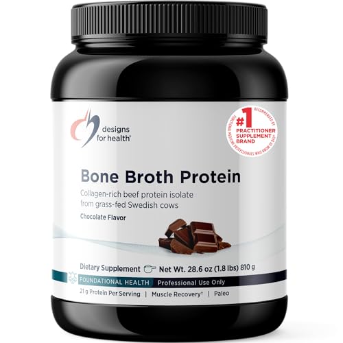 Designs for Health Bone Broth Protein Powder – 21g Grass-Fed, Collagen-Rich Beef Protein Isolate - Chocolate, Paleo, Non-GMO, Dairy-Free (30 Servings / 810g)