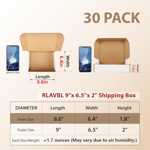 Image of RLAVBL 9x6.5x2 Inches Shipping Boxes Set of 30, White Small Corrugated Cardboard Box, Mailer Boxes for Packing Small Business