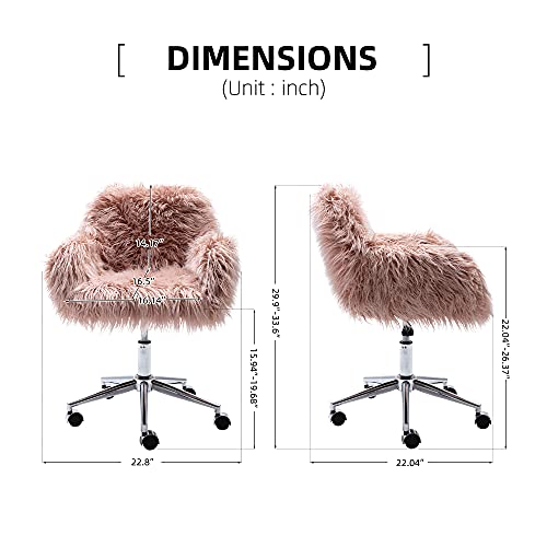 KCC Fluffy Office Desk Chair, Faux Fur Modern Swivel Armchair with Wheels, Soft Comfy Fuzzy Elegant Accent Makeup Vanity Chairs for Women Girls, Home Living Dressing Room Bedroom, Pink - Thumbnail 3