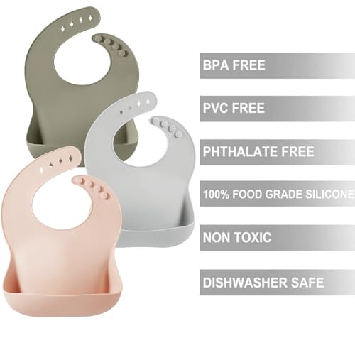 Image of PandaEar Set of 3 Silicone Baby Bibs, Waterproof Soft Adjustable Bibs for Babies Toddlers 10-72 Months