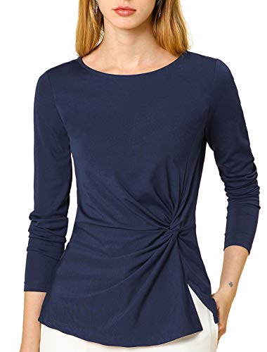 Allegra K Women s Round Neck Front Twist Tops Long Sleeve Blouse Shirt X-Large Navy Blue