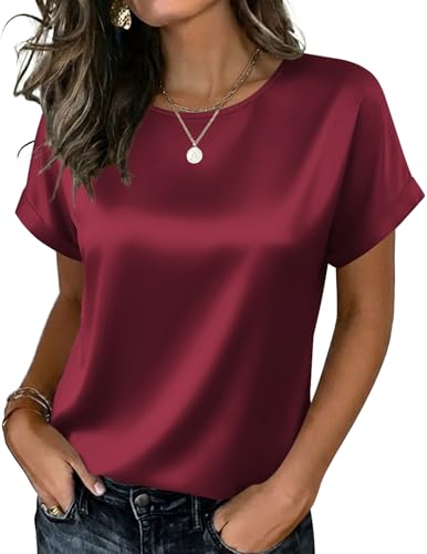 Zeagoo Satin Blouses for Women Dressy Silk Shirt Short Sleeve Business Casual Tops Summer Outfit Business Casual Work Clothes Wine Red