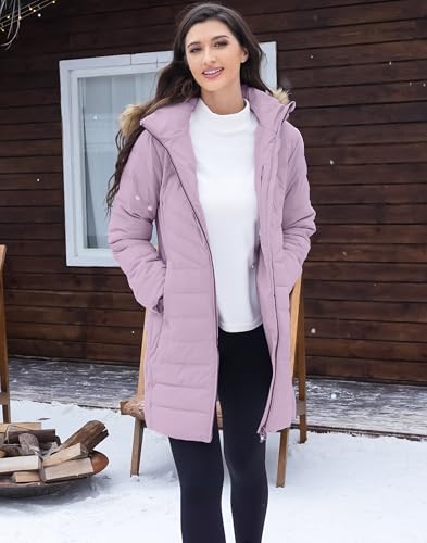 Pioneer Camp Wintermantel Damen Lang Warm Steppmantel Wasserdicht Winterjacke Mantel Damen Winter mit Abnehmbarer Kunstpelzkragen Gräulich Violett L
